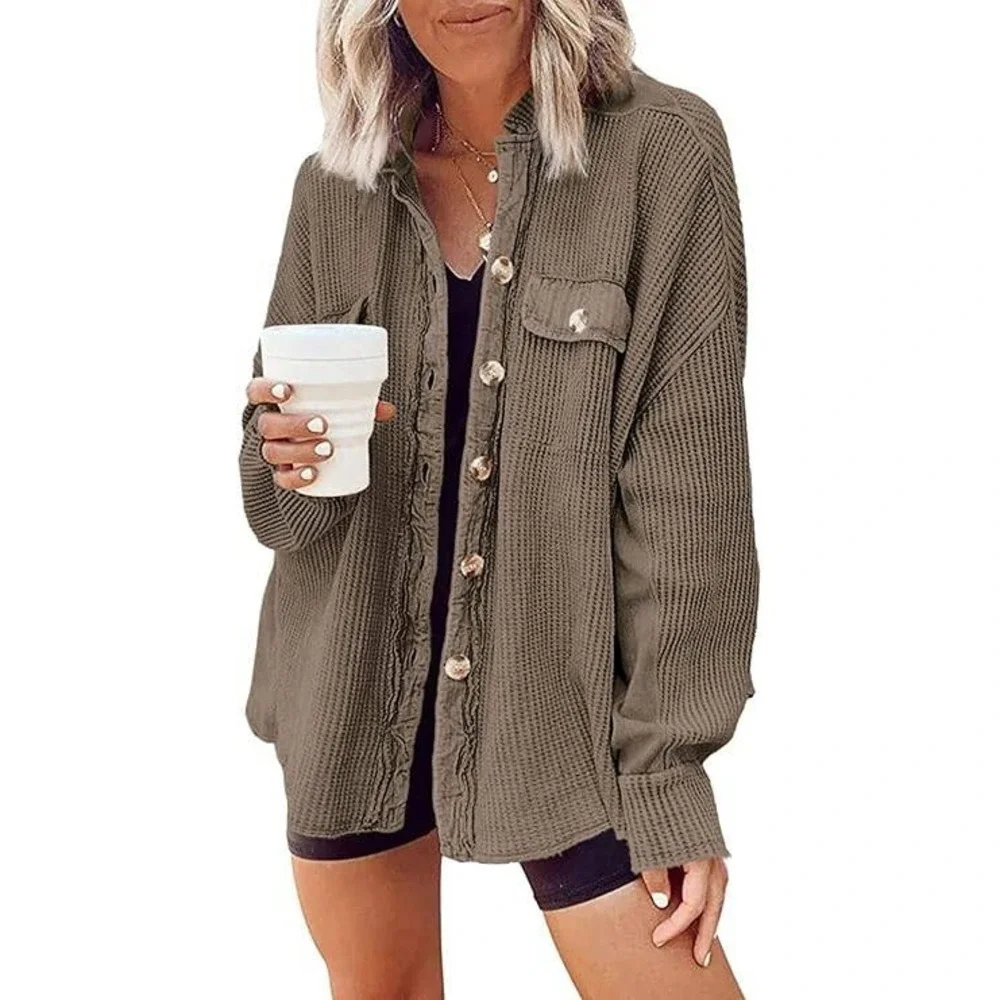 Womens Lightweight Waffle Knit‎ Shacket Brown Oversized Button Down XL NWT - Picture 12 of 12